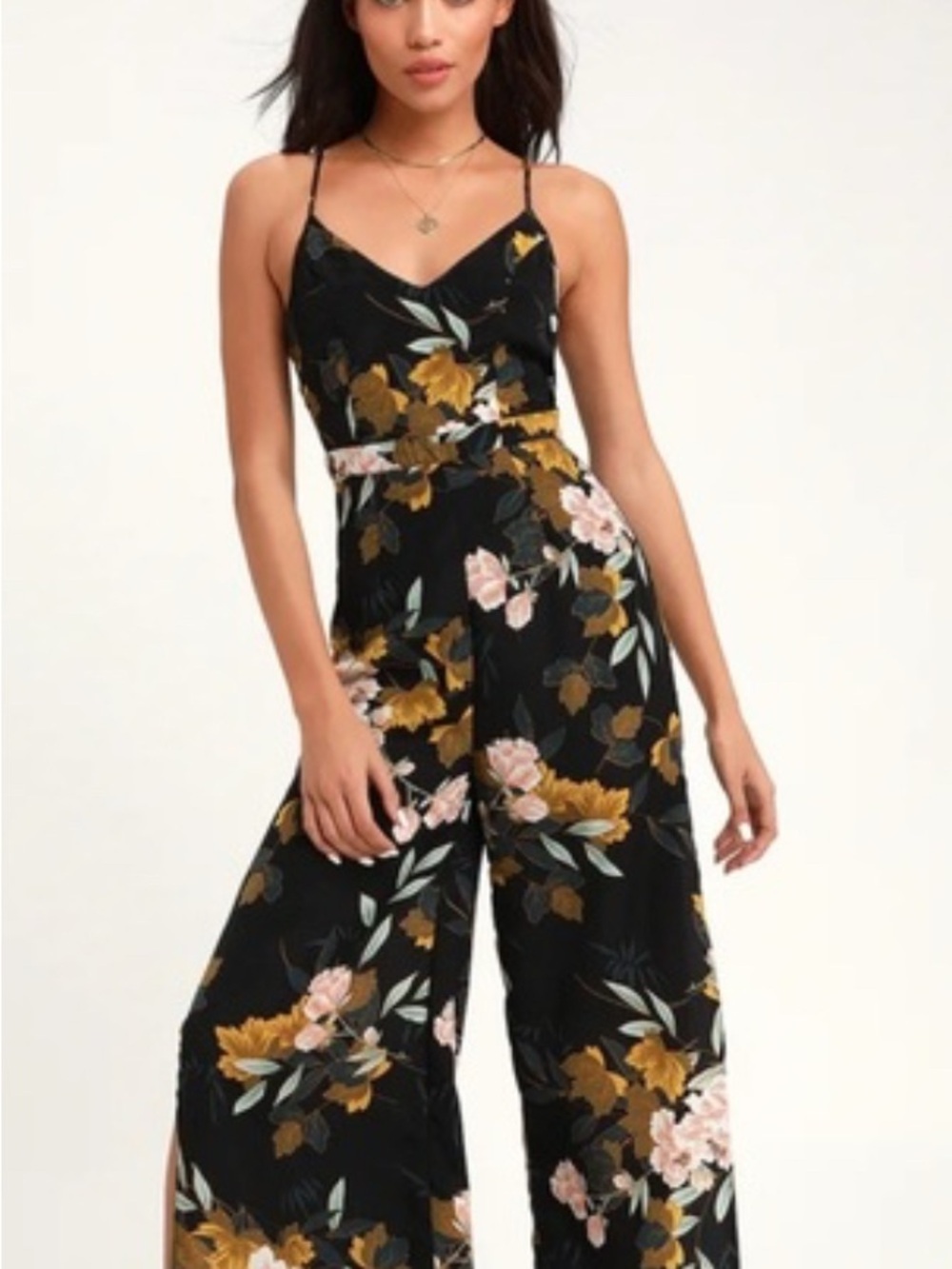 Xhilaration Black Floral Wide-Leg Spaghetti-Strap Jumpsuit